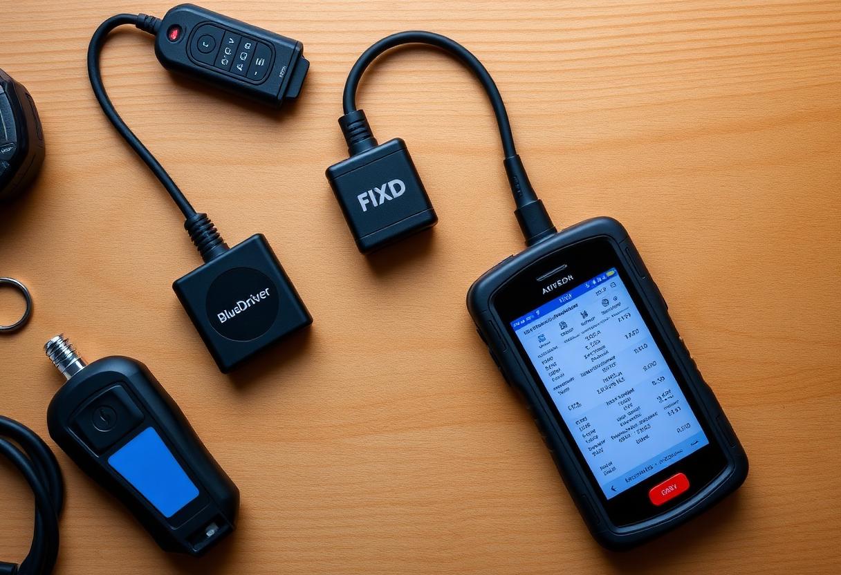 BlueDriver, FIXD, and Autel OBD2 scanners on a workbench with a diagnostic app display