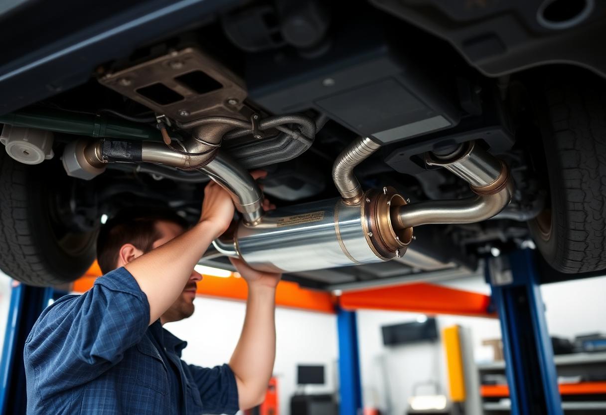 Mechanic installing a new catalytic converter under a car on a lift