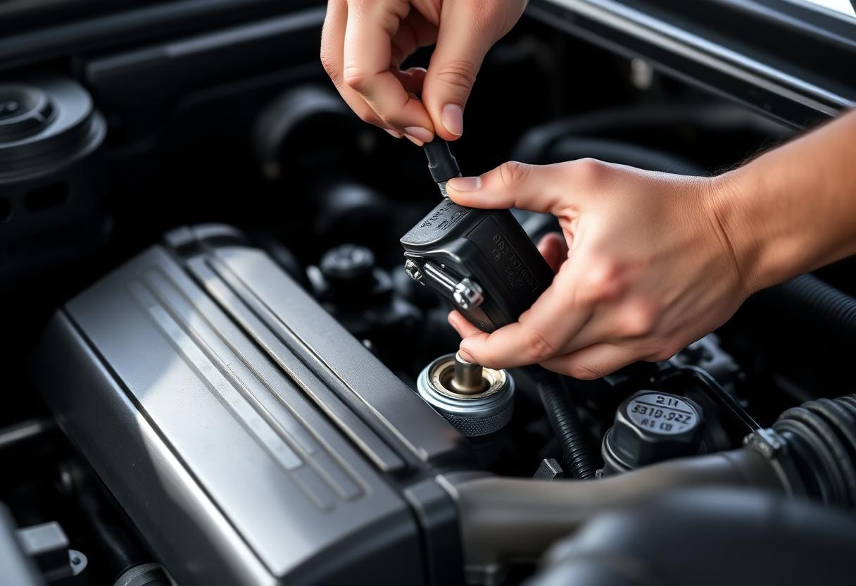 Mechanic lifting an ignition coil out of the spark plug well while diagnosing an engine misfire