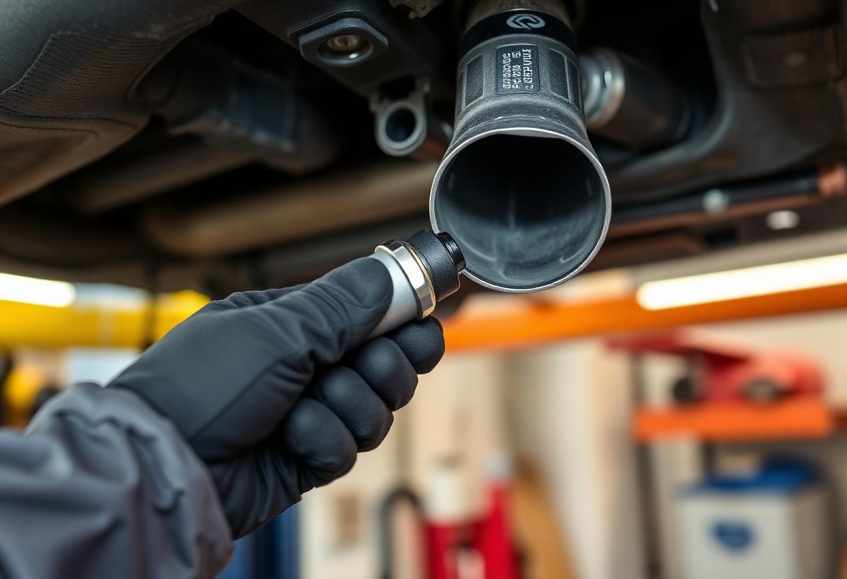 A gloved hand using an O2 sensor socket to remove an oxygen sensor from a car exhaust under the vehicle