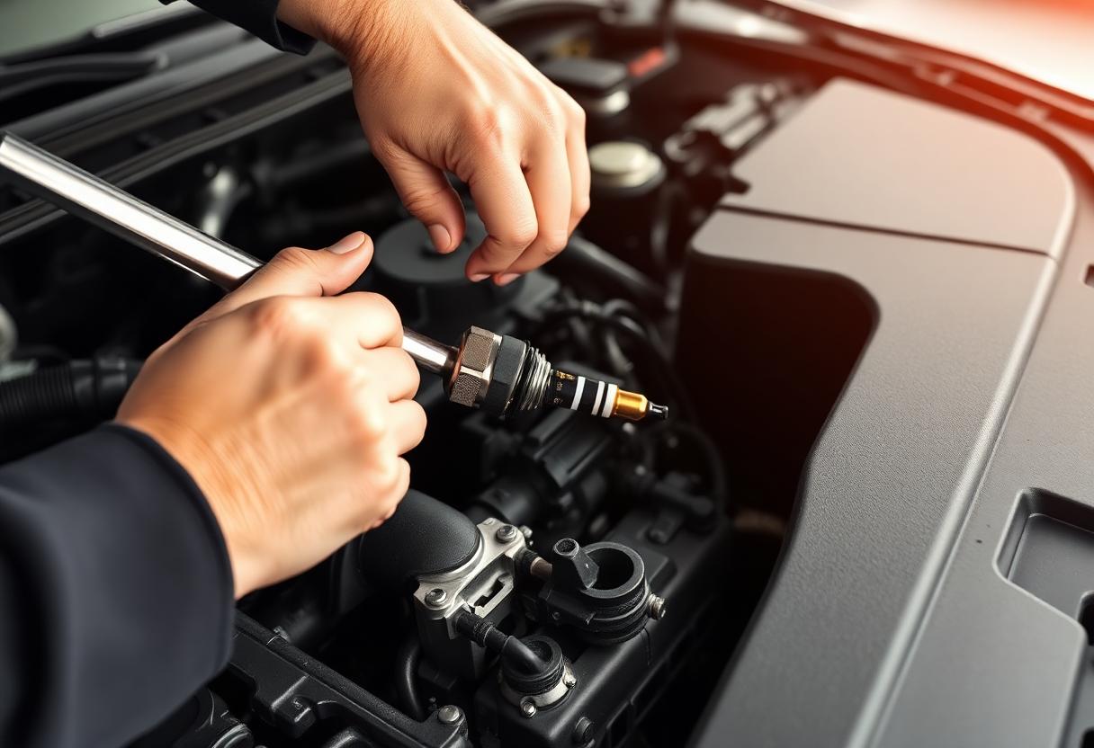 Hands using a ratchet to install a new spark plug and ignition coil in a car engine