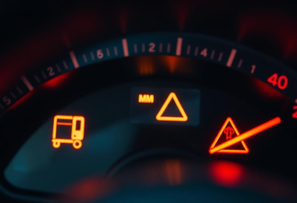 Glowing red and amber warning symbol lights on a car dashboard